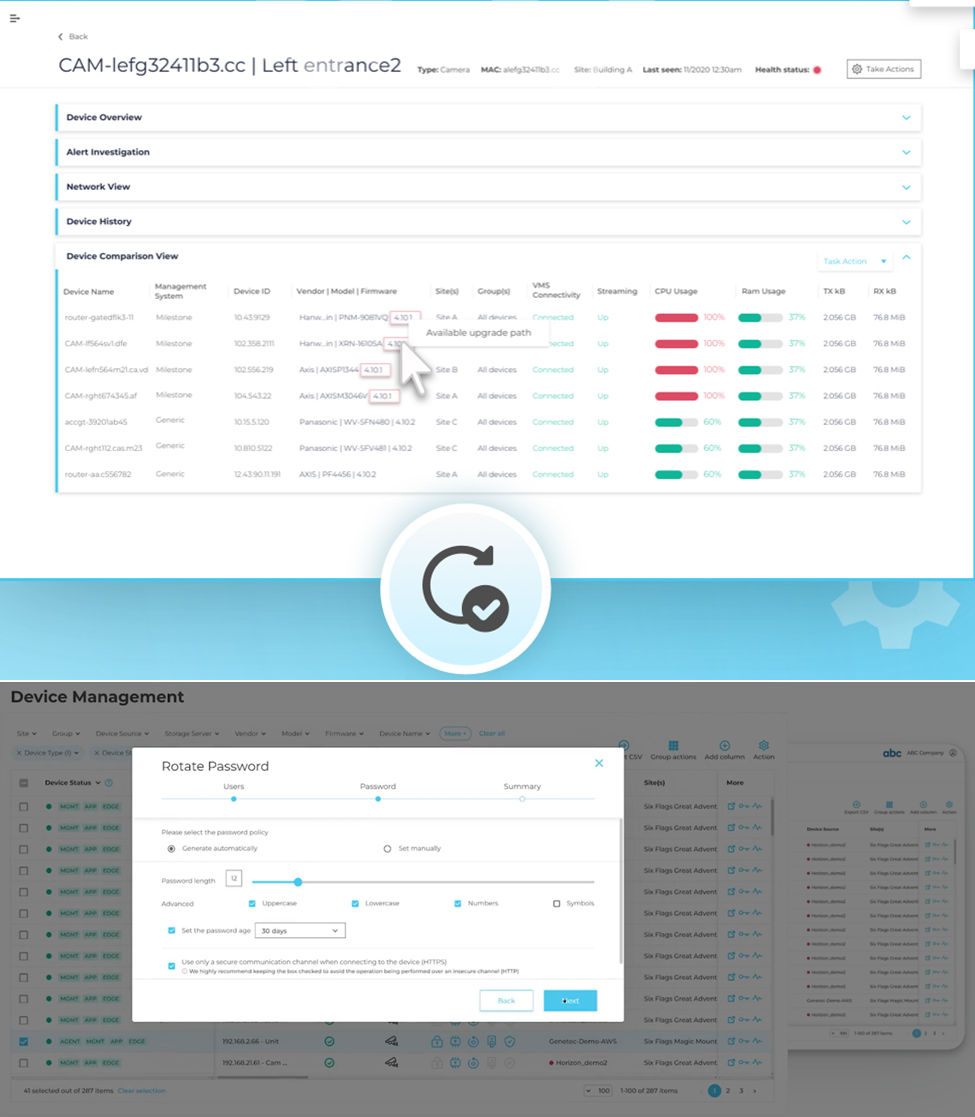 Automated device management in action: centralized firmware upgrades, password rotation, and performance insights across multiple security devices (source)