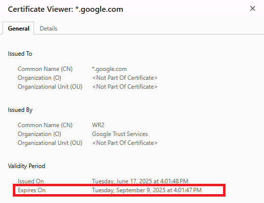 An example of a certificate expiry date.