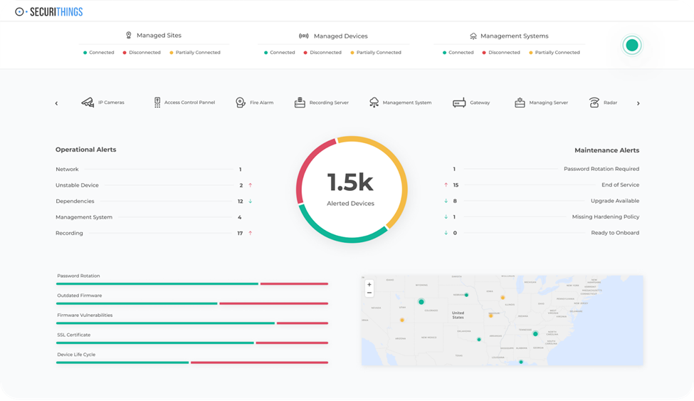 SecuriThings operational dashboard showing device alerts, maintenance tasks, compliance indicators, and geolocation of assets. (Source)