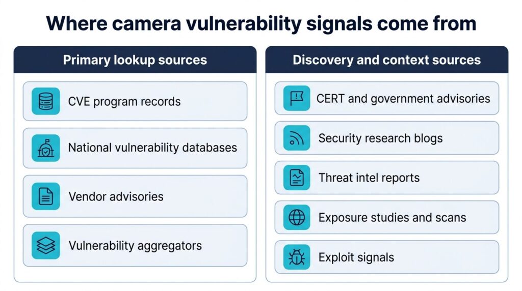 Where camera vulnerability signals come from: primary lookup sources vs. discovery and context sources